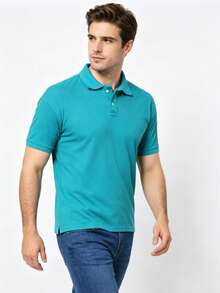 Men's Basic Short-Sleeve Polo Shirt, Breathable Cotton, Casual, Stylish, Various Colors - 青碧色 - 查看 3