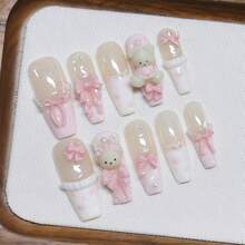 10 Móng Tay Giả Kiểu Pháp 3D Hình Gấu Teddy Dễ Thương Màu Hồng, Móng Tay Giả Kiểu Pháp Dài Hình Quan Tài, Trang Trí Với Những Chú Thỏ Nhỏ Dễ Thương, Ngọc Trai Trắng, Trái Tim Hồng Vẽ Tay, Nơ Hồng 3D, Chấm Bi và Mắt Mèo Bạc Lấp Lánh. Móng Tay Dễ Thương, Móng Tay Hồng, Móng Tay Ngày Valentine, Móng Tay Giả Acrylic. - Màu Hồng baby - Xem 4