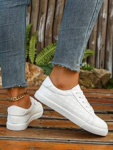 Baskets blanches grande taille pour femmes, chaussures d'école pour étudiantes, chaussures de skate plates à la mode, chaussures de sport décontractées polyvalentes à lacets confortables, baskets - Blanc - Voir 6