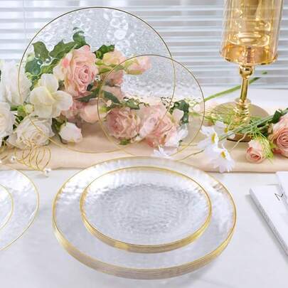 25/12/25pcs Set Elegant Dessert Plates, Pasta Plates, Pizza Plates, Cake Plates, Salad Plates, Size 7.5 Inches/10.25 Inches, Transparent Hammered Gold Rim Plates, Transparent Gold Rim, Transparent Bottom Decorated With Gold Rim, Reusable And Easy To Clean, Suitable For Outdoor Use, Parties, Birthdays, Weddings And Holidays