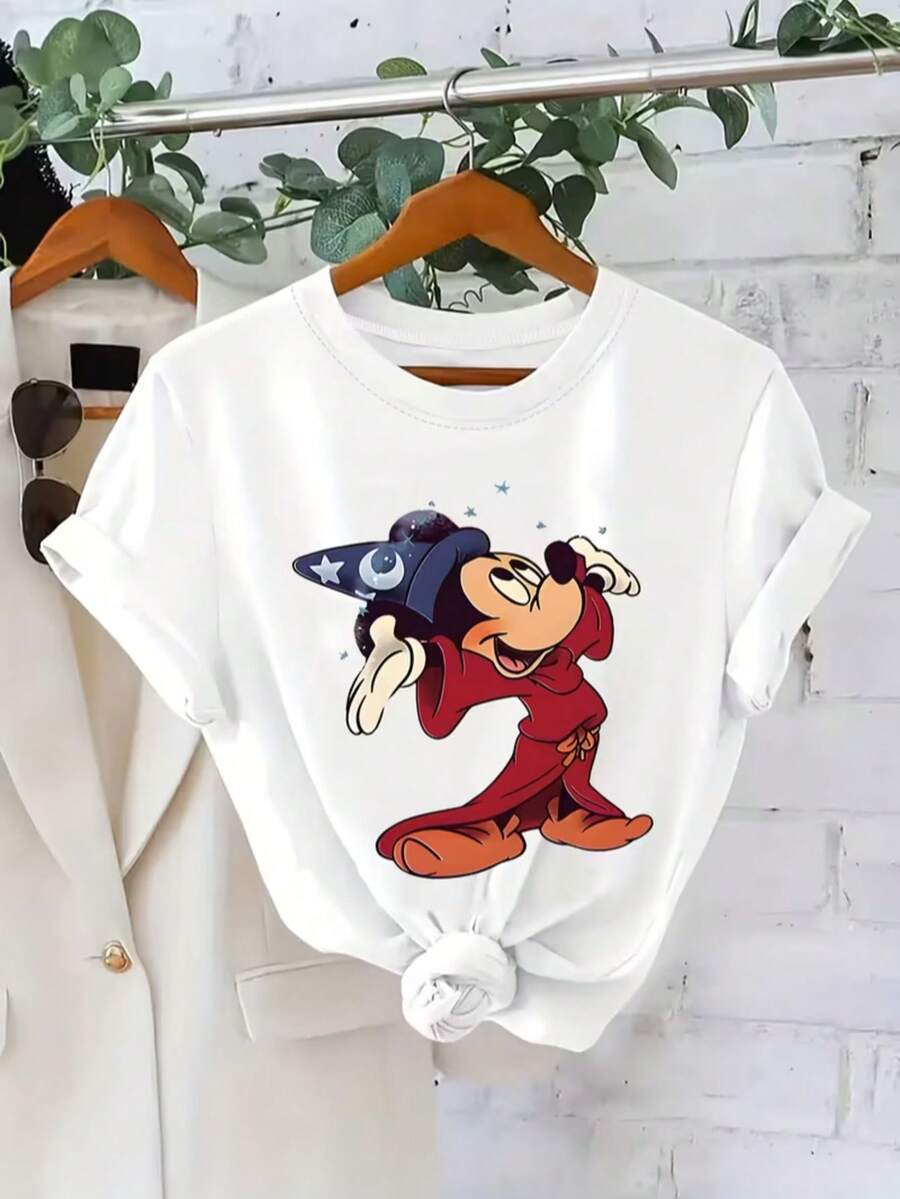 Mickey Mouse Pattern In Wizard Costume Disney Summer New Short-Sleeved T-Shirt Shirt Men And Women Casual Fashion Printed T-Shirt Women Elegant Women's Clothing. - White - View 1