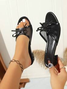 Oversized Square Toe Summer New Style Chunky Heel Sandals, Versatile Thin Heel Thong Slides For Women, Mesh Breathable Bowknot - Black - View 6