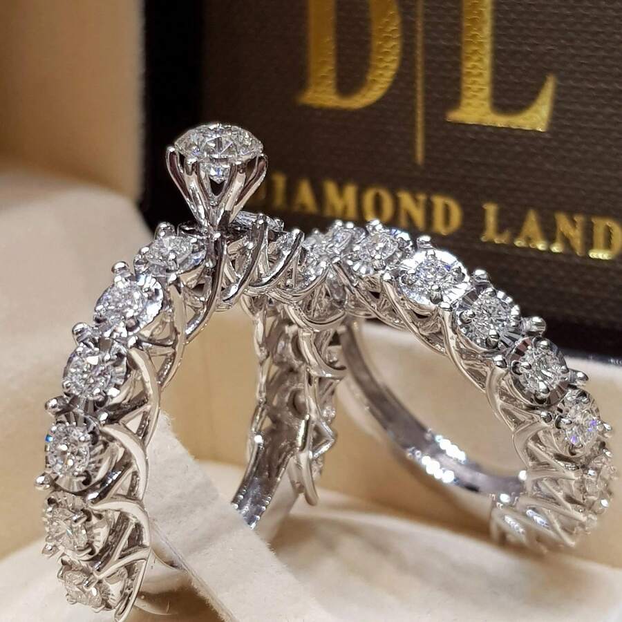 两枚/套奢华立方氧化锆情侣戒指，精致可叠戴戒指，结婚戒指，经典闪亮立方氧化锆戒指套装，女士礼品 - 銀色 - 查看 1