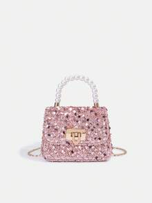 1 Peça Bolsa Elegante de Lantejoulas da Moda para Meninas, Bolsa de Ombro Transversal de Luxo Acolchoada, Bolsa Tote com Decoração de Pérola, Bolsa Série Pérola, Bolsa com Corrente, Bolsa Combinando Mãe e Filha, Carteira, Bolsa de Ombro com Alça Ajustável, Bolsa de Festa Dourada/Prateada, Adequada para Uso Diário, Festa, Viagem, Presente Ideal - 2184 lantejoulas - Visão 8