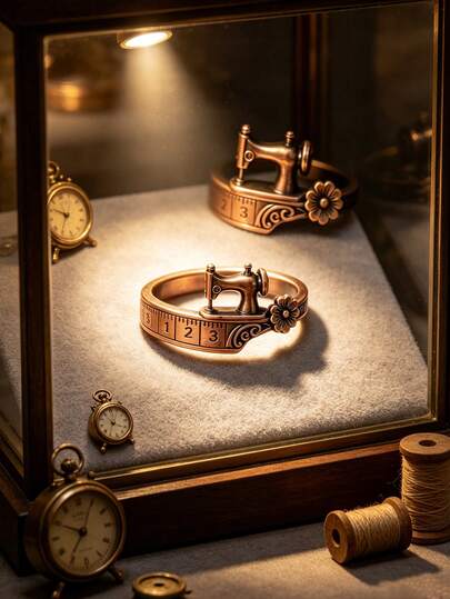 Nhẫn hở hình thước máy may bằng đồng cổ điển dành cho nam và nữ, nhẫn bản rộng điều chỉnh được kiểu retro họa tiết hoa, trang sức thời trang độc đáo phong cách hip hop để đeo hàng ngày.