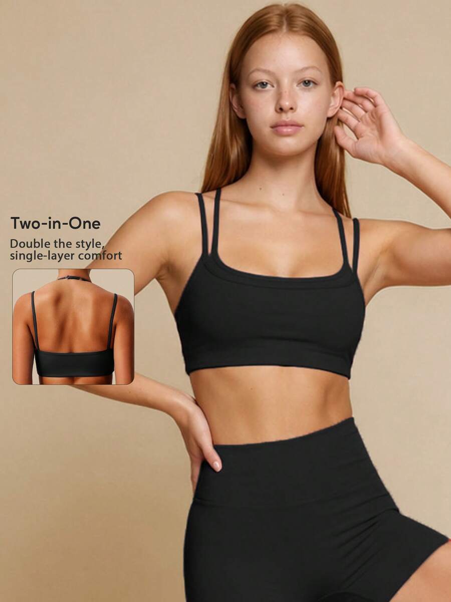 女士挂脖式多肩带可调节双层美背瑜伽健身运动文胸 - 黑色 - 查看 1