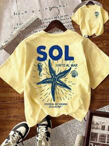 Camiseta de vacaciones informal con estampado de estrella de mar y letras - Amarillo 2 - Ver 5