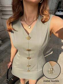 Vestido mini casual de mujer con cinturón de hebilla metálica, cuello en V sin mangas, elegante y minimalista para el verano - Albaricoque - Ver 6