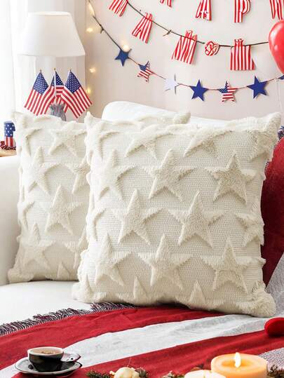 1pc Independence Day Throw Pillow Cover, 4th Of July Decor Star Patriotic Soft Plush Sofa Bed Indoor Decoration Red Blue Pillow Case, Bedroom Home Decor