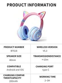 Cute Cat Ear Wireless Bluetooth Headphones, With LED Lights, Foldable & Adjustable Earmuffs, Comfortable Over-Ear Design, Suitable For Girls, Compatible With IOS/Android, Applicable For Gaming/Online Classes - View 10