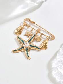1 Peça Colar Boêmio de Verão, Pingente de Estrela do Mar e Concha de Praia com Broche de Pérola Falsa, Broche Destacável, Acessório de Joalheria Multifuncional para Mulheres, Presente Combinável para Uso Diário, Férias e Festa - Produto dois em um - Visão 4
