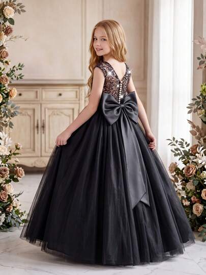 青少年女孩万圣节优雅蝴蝶结装饰亮片网眼拼布公主裙，适合女孩婚礼、派对、生日、舞会