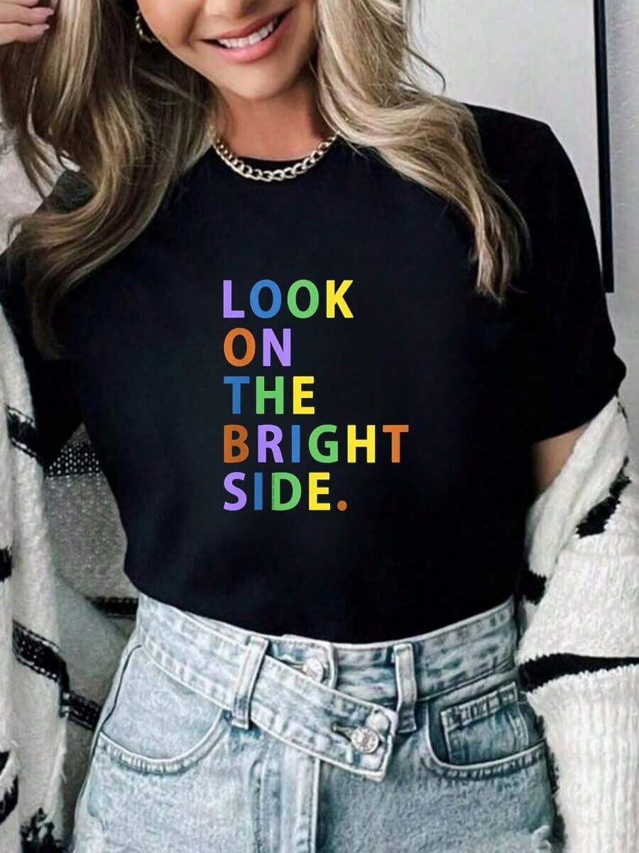 100% Cotton Womens LOOK ON THE BRIGHT SIDE Gratitude Positive Message O-Neck T-Shirt Summer Women For Top - 黑色 - 查看 1