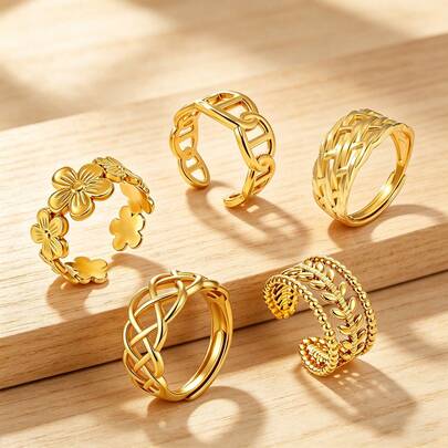 1 pieza Anillo abierto vintage dorado, tamaño ajustable, accesorio de anillo de dedo con diseño tejido hueco, adecuado para uso diario de mujeres