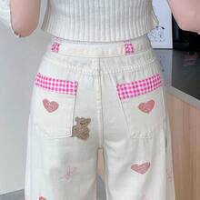 Women's Denim Pants With Ribbon Detail, High Waist, Loose Fit, Slimming Effect, Wide Leg, Straight Cut, Casual, Office, And Everyday Wear. - White - View 5