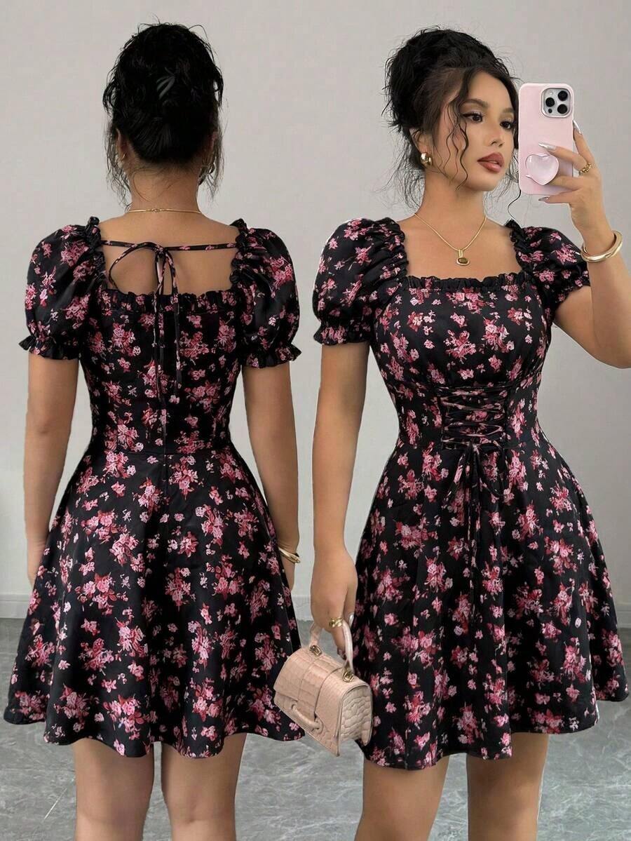 Vestido de mujer con cuello cuadrado, mangas abullonadas, cintura con volantes y cordón ajustable, estampado floral diminuto - Multicolor 7 - Ver 1