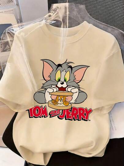 SHEIN X Tom & Jerry 女士休闲短袖T恤，趣味三明治印花圆领上衣，宽松透气日常T恤，适合通勤穿着，美式卡通复古风格