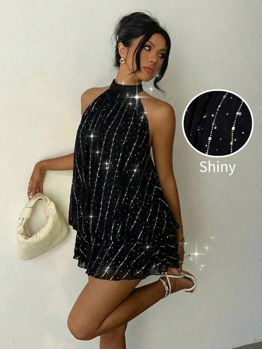 Vestido mini elegante de mujer con cuello halter y lazo en color amarillo claro - Negro 3 - Ver 1