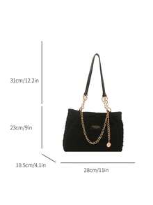 Fashionable Striped Handbag - Women's Large Capacity Shoulder Bag - Zipper Tote Bag For Daily Use With Metal Chain - Black - View 2