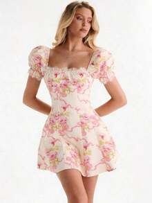 Vestido de mujer con estampado floral romántico, de manga de pétalo, con estilo sexy y de princesa para una cita - Multicolor 3 - Ver 3