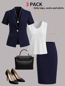Women's 3-Piece Set: Short Sleeve Blazer, Solid Color Tank Top, And Pencil Skirt, Elegant Office/Interview/Business Attire For Spring/Summer - Navy - View 2