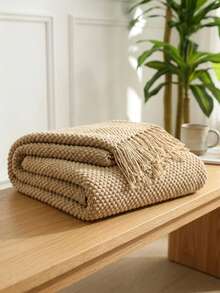 1pc Solid Color Knitted Throw Blanket With Tassels, Soft Textured Woven Blanket For Couch Sofa Bed Living Room Home Decor - YU Khaki - View 8