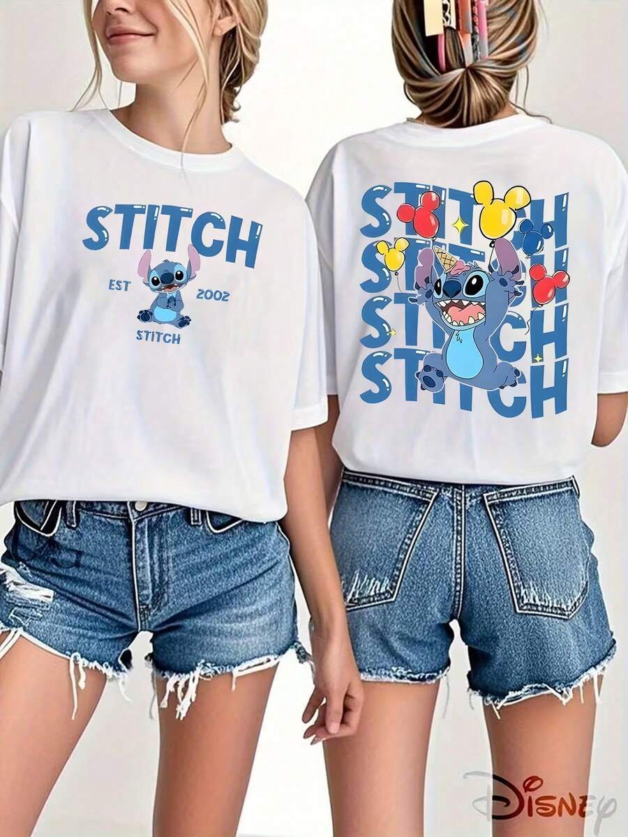 Disney Stitch Cartoon And Mickey Head Design | Colorful Balloons And Est 2002 Text, Elegant Summer Women'S Casual Fashion Printed T-Shirt - trắng - Xem 1