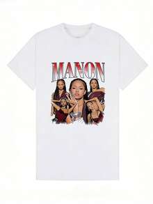 Camiseta de manga corta con cuello redondo suave y casual para mujer, estampado gráfico de collage de Manon, ídolo de K-Pop, adecuada para uso urbano. Negra. - Blanco - Ver 2