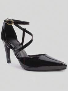 RE&TON Women's Pointed Toe Pump With 9cm Heel And Comfort Insole SC2 - Black Varnish - View 3