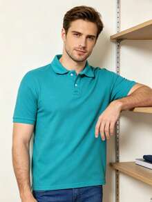 Men's Basic Short-Sleeve Polo Shirt, Breathable Cotton, Casual, Stylish, Various Colors - 青碧色 - 查看 4