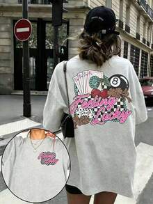 1pcsEMERY ROSE Graphic Tee Feeling Lucky Rodeo Shirt Retro Country Concert Top,Going Out Tops For Women Shine Print Cotton Tees Summer Casual Shirts - 淺灰色 - 查看 1