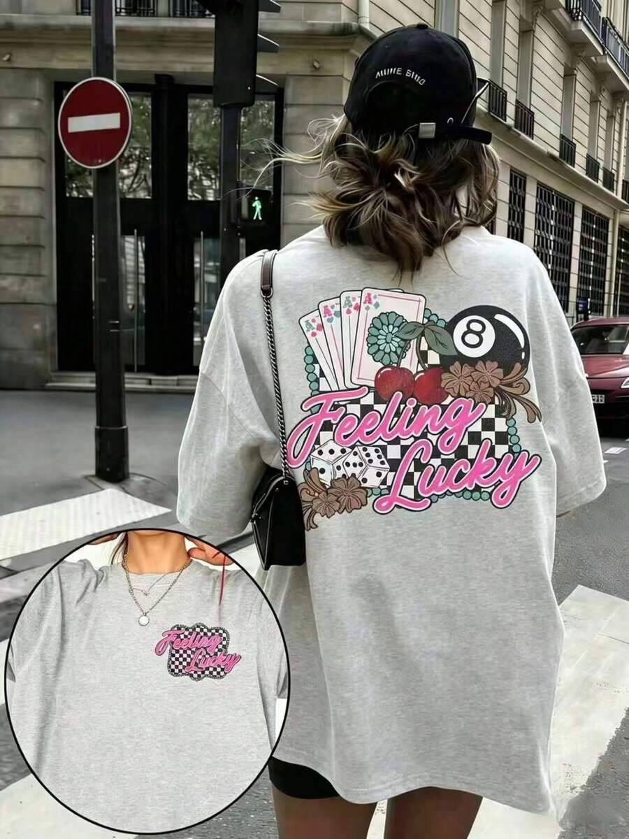 1pcsEMERY ROSE Graphic Tee Feeling Lucky Rodeo Shirt Retro Country Concert Top,Going Out Tops For Women Shine Print Cotton Tees Summer Casual Shirts - 淺灰色 - 查看 1