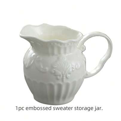 1pc New Minimalist White Embossed Chopstick Holder, Ceramic Kitchen Utensil Storage Jar, Vase Decor; High-Quality Embossed Storage Jar, Desktop Pen Holder