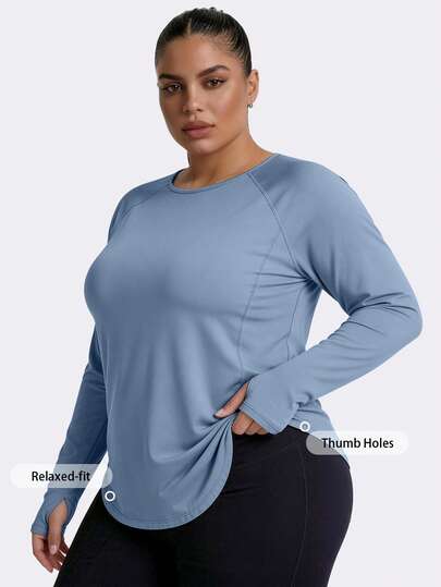 大码女式纯色长袖宽松运动衫，带拇指孔，适合健身锻炼和休闲穿着