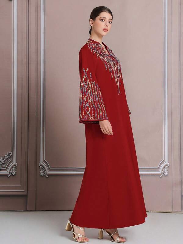Red 3D Rope Embroidery Beaded Elegant Arabic Style Dress