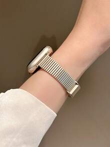 1pc Bamboo Segment Stainless Steel Watch Band, Compatible With Apple Watch - Starlight - View 4