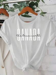 Women's "Canada The True North" Graphic T-Shirt - Casual, Short Sleeve, Crew Neck, Light Beige, Machine Washable, Perfect For Spring And Summer, Everyday T-Shirt | Playful Print Top | Comfortable Fit, Women's T-Shirts - 白色 - 查看 1