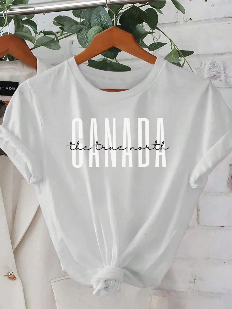 Women's "Canada The True North" Graphic T-Shirt - Casual, Short Sleeve, Crew Neck, Light Beige, Machine Washable, Perfect For Spring And Summer, Everyday T-Shirt | Playful Print Top | Comfortable Fit, Women's T-Shirts - 白色 - 查看 1
