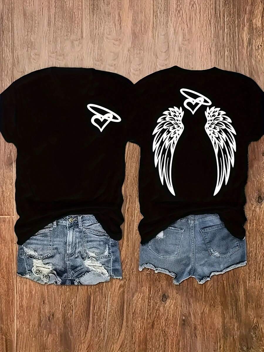 Plus Size - Plus Size - Plus Size - Casual, Reversible Crew Neck T-Shirt With Angel Wings And Heart Elements Print, Ideal For Spring. - Black - View 1