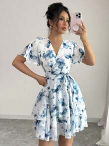 Vestido casual de vacaciones con estampado floral y manga con volantes para mujeres - Azul - Ver 3