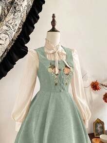 Vestido elegante vintage de mujer con bolsillos, de pana con bordado floral y botones, ropa casual para vacaciones, otoño, ropa de otoño para mujer, atuendos de otoño para mujer, vestidos de otoño para mujer, vestido de invierno para mujer, ropa de invierno para mujer, ropa de Navidad para mujer, atuendo de Navidad para mujer, vestido de fiesta de Navidad, vestido marrón, vestidos elegantes para mujer, vestido elegante para mujer - verde menta - Ver 3