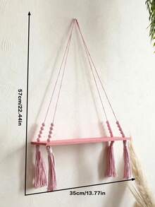 1/2 Pcs Bohemian Pink Tassel Beaded Hanging Shelf, Decorative Wooden Wall Mounted Floating Shelf For Bedroom, Living Room - Cute Bohemian Storage Shelf For Small Plants, Toys And Trinkets, Woven Wall Hanging Shelf - Bohemian Wooden Wall Hanging Shelf With Wooden Beads, Farmhouse Style Floating Shelf, Rustic Hanging Plant Shelf For Bedroom, Living Room, College Room Decor - Pink - View 3