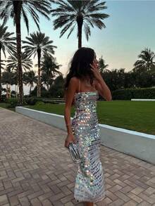 Sequin Bodycon Cami Midi Dress Graduation Dresses For Women - Sparkly, Slim-Fit For Party & Cocktail Dress Party Evening Vestido Elegante De Mujer Elegant Dresses Formal Party - Bạc - Xem 6