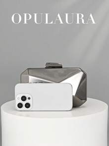OpulAura 闪亮金属迷你盒形手拿包，魅力十足，优雅奢华，是晚礼服的理想配饰。这款几何盒形正式手拿包适合女士出席正式派对、盛会、时尚活动、婚礼、约会等场合。配有可拆卸链条肩带，可斜挎或单肩背。 - 黑色 - 查看 4