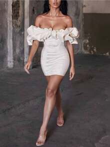 Women's Off Shoulder Ruffle Corset Mini Bodycon Dress, Elegant Satin Party Club Dress With Puff Ruffle Sleeves, White/Black, For Cocktail Night Out Wedding Guest - 白色 - 查看 1
