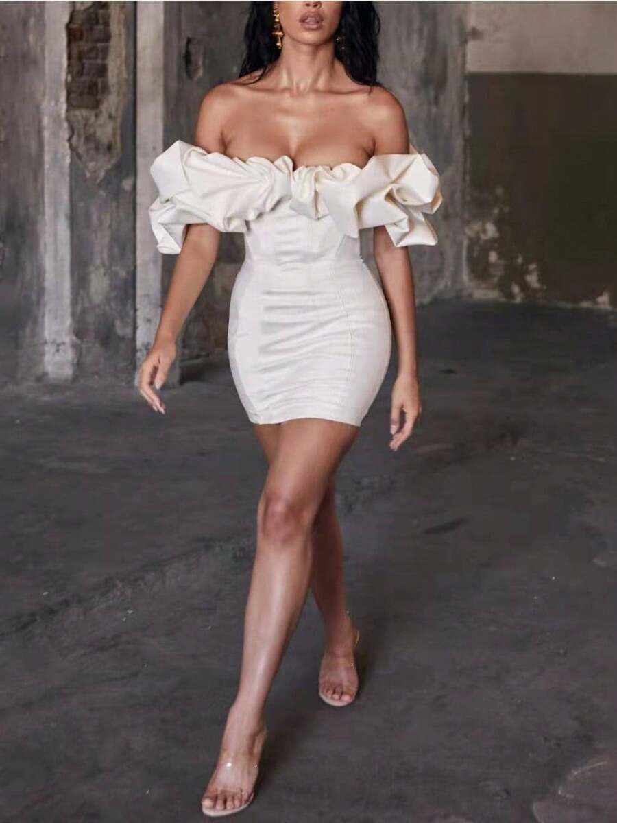 Women's Off Shoulder Ruffle Corset Mini Bodycon Dress, Elegant Satin Party Club Dress With Puff Ruffle Sleeves, White/Black, For Cocktail Night Out Wedding Guest - 白色 - 查看 1