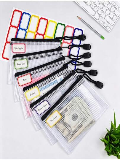 Mesh Zipper Pouch - Durable PVC Plastic Zipper File Folder With Colored Tags; Ideal For Office Supplies, Travel, Coins And Home Organization - Black; Perfect For Storing Small Items And Hair Clips; Transparent Design For Easy Travel Organization