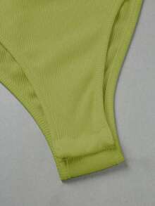 Body entero sin mangas cuello polo canalé color sólido para mujer, estilo elegante ideal para primavera, verano y vacaciones playeras - Verde - Ver 6