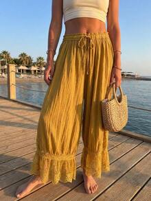 Women Y2K Half Slip Under Dress Pettipants Mid Rise Lace Patchwork Bloomers Trousers Ruffle Pantaloons Cropped Flared Pants Cute Pumpkin Long Pants - كُركُم - مشاهدة 6