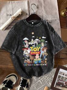 Disney Sheriff Woody And Friends Letter" Pattern Printed T-Shirt Summer Women's Fun T-Shirt Short Sleeve Top Printed Regular Fashion Niche Snowflake Washed T-Shirt - 黑色 - 查看 1